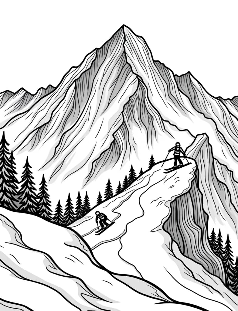  this is for an adult coloring page. a detailed black and white line art of a snowy snow covered mountain with a group of skiers descending on a solid white background.