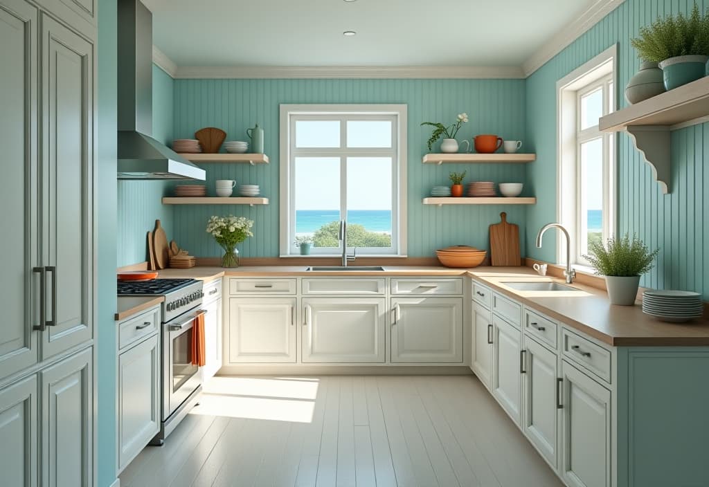  a landscape photo of a light and breezy coastal kitchen with pale blue walls, white beadboard wainscoting, open shelving displaying colorful dishes, and a large window overlooking the ocean, captured in a panoramic view hyperrealistic, full body, detailed clothing, highly detailed, cinematic lighting, stunningly beautiful, intricate, sharp focus, f/1. 8, 85mm, (centered image composition), (professionally color graded), ((bright soft diffused light)), volumetric fog, trending on instagram, trending on tumblr, HDR 4K, 8K