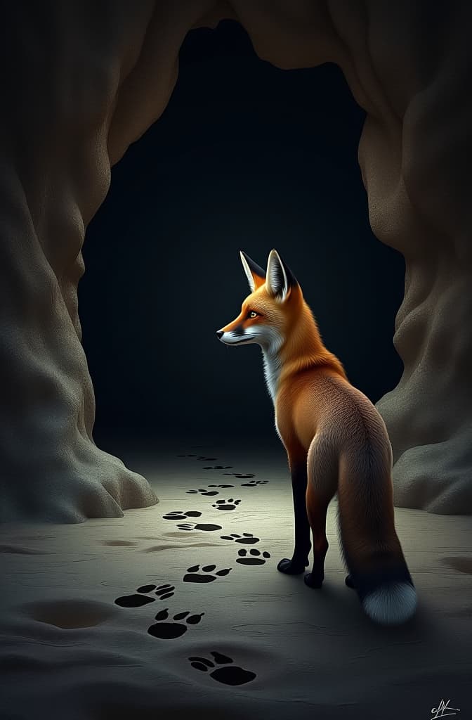  a sly fox standing outside the entrance of a dark cave, looking cautiously at the ground where the footprints of various animals lead into the cave but none return. the fox’s fur is sleek, and his eyes are filled with suspicion and wisdom., realistic, portrait, art by donato giancola and greg rutkowski, realistic face, digital art, trending on artstation hyperrealistic, full body, detailed clothing, highly detailed, cinematic lighting, stunningly beautiful, intricate, sharp focus, f/1. 8, 85mm, (centered image composition), (professionally color graded), ((bright soft diffused light)), volumetric fog, trending on instagram, trending on tumblr, HDR 4K, 8K