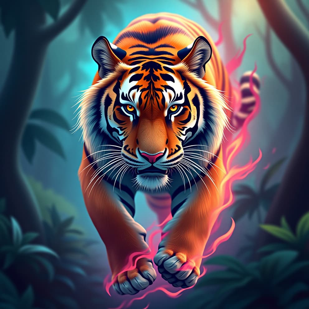  a majestic tiger, rendered in a vibrant and dynamic flux style, with swirling colors and a sense of movement. capture the power and grace of the animal, emphasizing its muscular form and piercing gaze. use a limited color palette, focusing on contrasting hues that create depth and energy. the tiger should appear to be in motion, perhaps leaping or stalking through a forest.hyper detail, intricate details, sharp focus, high resolution, 8k, ultra detailed, vib