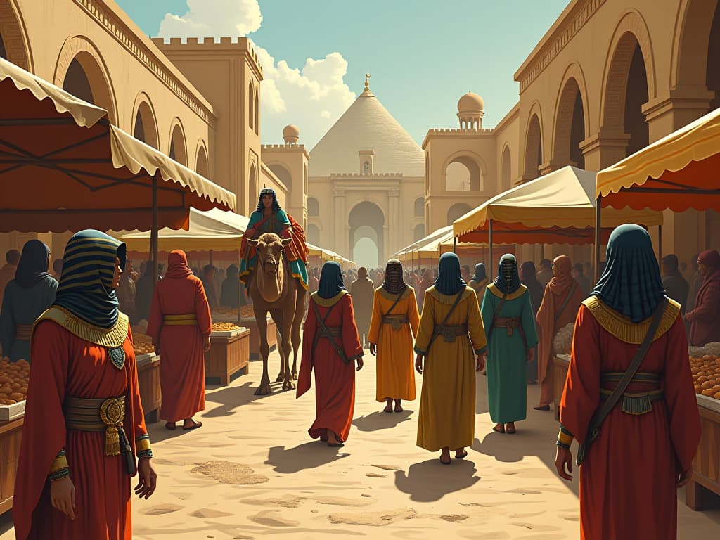  a grand egyptian marketplace, filled with merchants in traditional attire, camels loaded with goods, ancient buildings in the background, large busted women in form fitting clothing browsing stalls, bustling atmosphere of the ordinary and extraordinary blending together. the style is digital art illustration / modern comic book / mysterious occult, symbolic, esoteric vibe,high detail on character design, incorporating ancient egyptian symbology and attire.