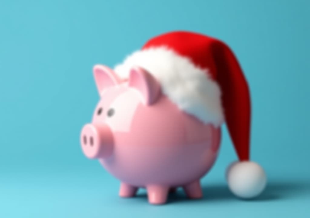  pink piggy bank with santa claus hat on a blue background saving concept for christmas,