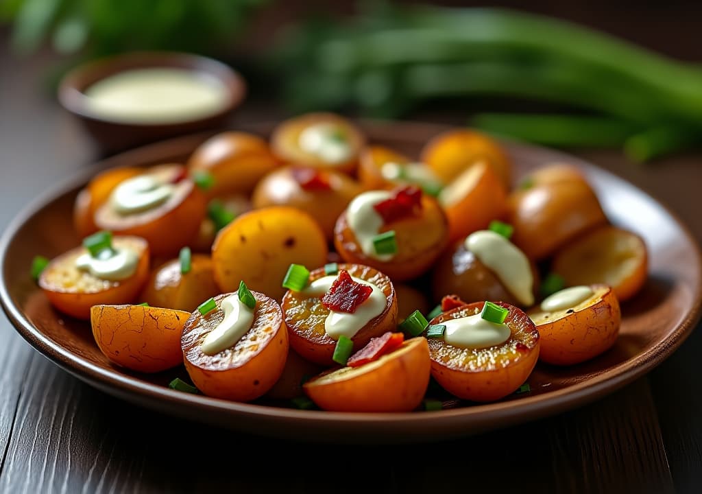  envision a mouthwatering image of golden brown roasted fingerling potatoes arranged on a rustic ceramic platter. the potatoes are glistening with a drizzle of truffle aioli, topped with crispy bits of pancetta, and garnished with vibrant green chives. the platter is set on a dark wooden table with a soft, warm light illuminating the dish, highlighting the crispy texture of the potatoes and the richness of the aioli. in the background, a small ramekin of extra truffle aioli and a bunch of fresh herbs add depth to the composition., in the style of photographic hyperrealistic, full body, detailed clothing, highly detailed, cinematic lighting, stunningly beautiful, intricate, sharp focus, f/1. 8, 85mm, (centered image composition), (professionally color graded), ((bright soft diffused light)), volumetric fog, trending on instagram, trending on tumblr, HDR 4K, 8K