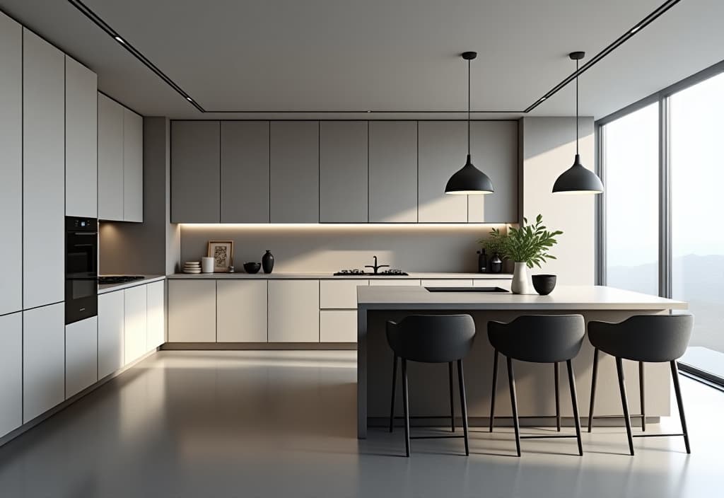  a landscape photo of a modern one wall kitchen with floor to ceiling cabinets, integrated appliances, and a sleek kitchen island with bar seating, all in a minimalist gray and white color scheme hyperrealistic, full body, detailed clothing, highly detailed, cinematic lighting, stunningly beautiful, intricate, sharp focus, f/1. 8, 85mm, (centered image composition), (professionally color graded), ((bright soft diffused light)), volumetric fog, trending on instagram, trending on tumblr, HDR 4K, 8K