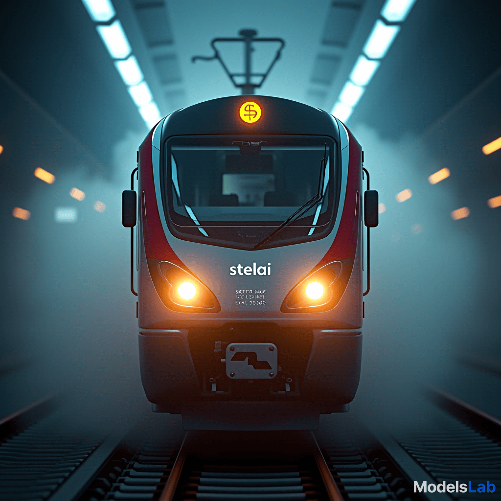  train with a brand name $stelai written in front. hyperrealistic, full body, detailed clothing, highly detailed, cinematic lighting, stunningly beautiful, intricate, sharp focus, f/1. 8, 85mm, (centered image composition), (professionally color graded), ((bright soft diffused light)), volumetric fog, trending on instagram, trending on tumblr, HDR 4K, 8K