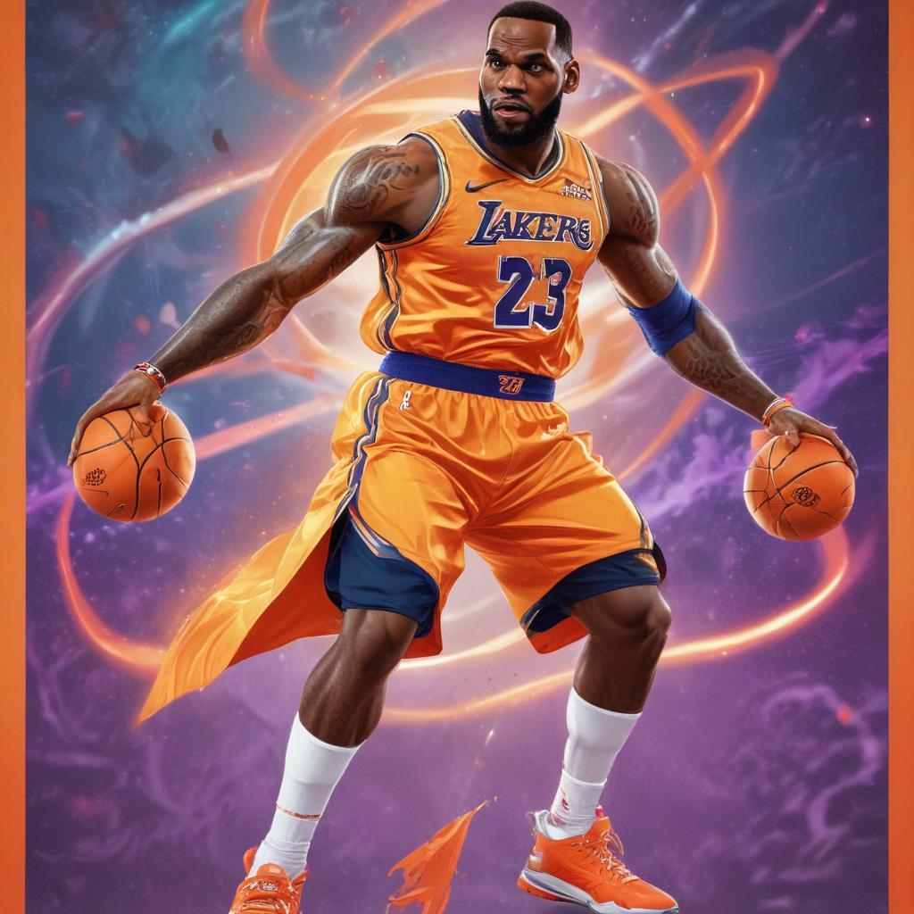 distance-shot, flashy, full-body, dynamic, holographic, animated cartoon poster of lebron james in the style of dragon ball super