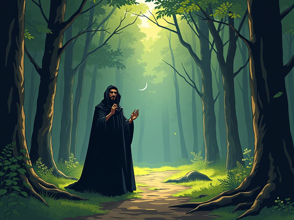  st. seraphim in a clearing within the sarov forest, surrounded by nature, deep in prayer, discovering spiritual truths, calmness and introspection. the style is digital art illustration / modern comic book / mysterious occult, symbolic, esoteric vibe,high detail on character design, incorporating ancient egyptian symbology and attire.