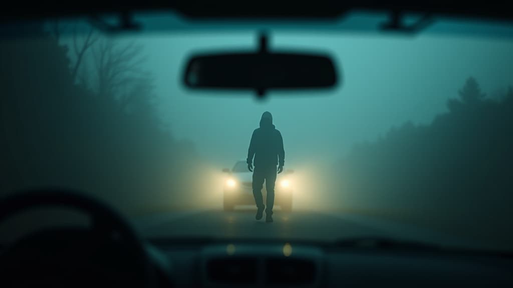  images about horror stories, a shadowy figure vanishing into thin air as the driver approaches. hyperrealistic, full body, detailed clothing, highly detailed, cinematic lighting, stunningly beautiful, intricate, sharp focus, f/1. 8, 85mm, (centered image composition), (professionally color graded), ((bright soft diffused light)), volumetric fog, trending on instagram, trending on tumblr, HDR 4K, 8K