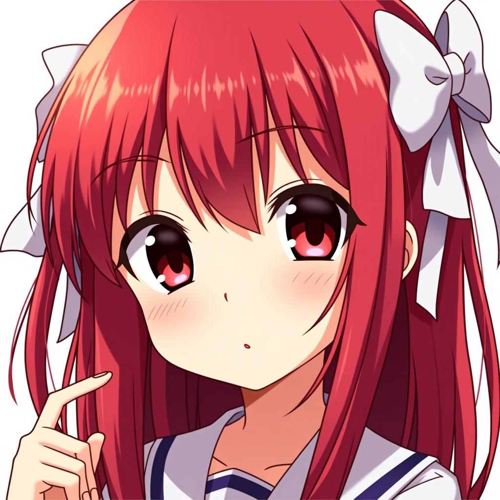  anime girl with red hair and white ribbons on the sides.