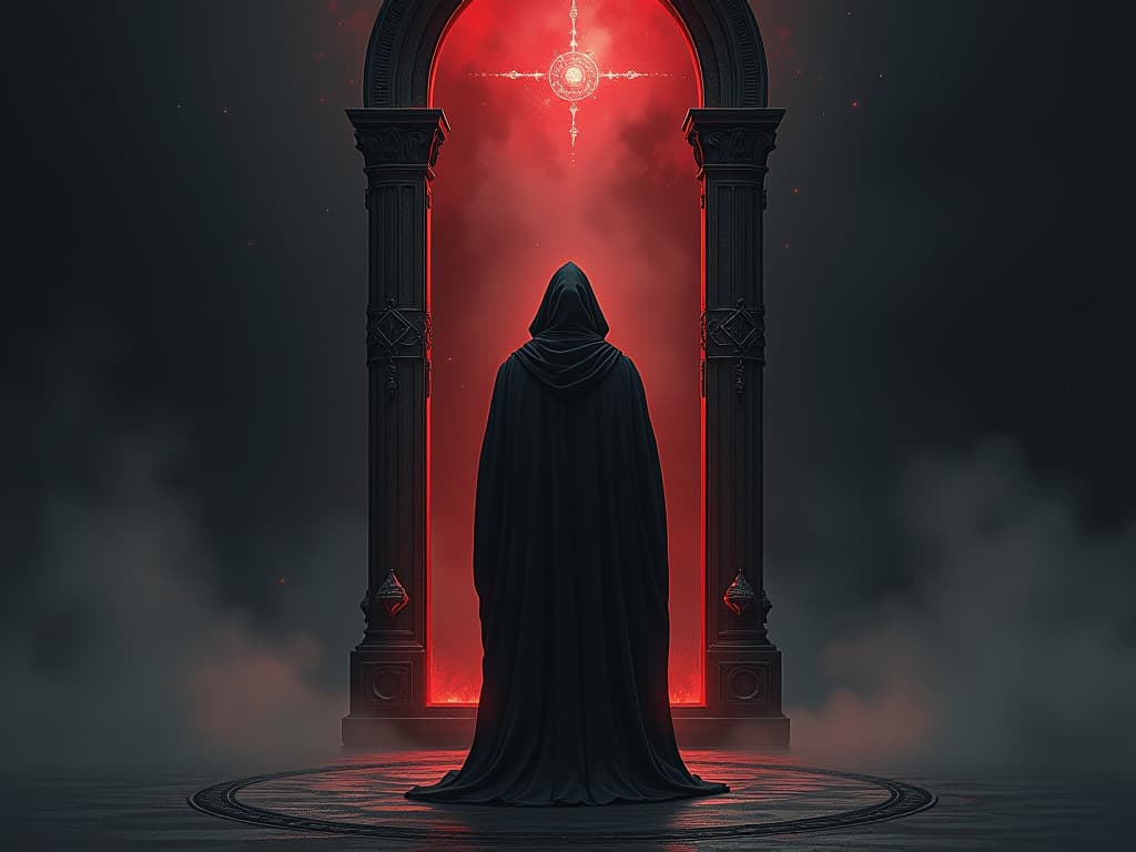  a cloaked figure standing before a towering, ancient mirror, reflection showing a transformed self, surrounding aura of mystical change, symbols of introspection.. the style is dark fantasy and mysterious occult, symbolic, moody lighting, esoteric vibe,high detail on character design. for the color scheme emphasize blacks and reds.