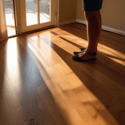 A photo of a flooring inspector examining a hardwood floor in a cozy living room during early evening with warm, golden-hour lighting casting long shadows across the room.