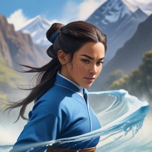 A picture of Katara using her waterbending skills in Oil painting style with Mountains background