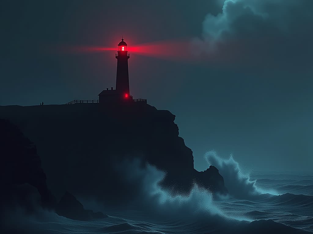  lighthouse atop cliff, red beam cutting through night fog, waves crashing below, sense of guiding light. the style is digital art illustration / modern comic book / graphic dark novel fantasy and mysterious occult, symbolic, moody lighting, esoteric vibe,high detail on character design. for the color scheme emphasize blacks and reds.