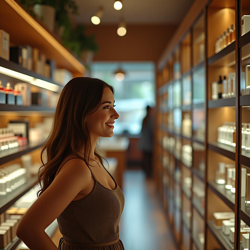  cinematic photo realistic image. beautiful interior of the cosmetics and perfumery store, with wooden shelves, high ceilings, landscaping, beautiful girls at windows who smile joyfully and surprisedly, choose cosmetics and perfumes . 35mm photograph, film, bokeh, professional, 4k, highly detailed hyperrealistic, full body, detailed clothing, highly detailed, cinematic lighting, stunningly beautiful, intricate, sharp focus, f/1. 8, 85mm, (centered image composition), (professionally color graded), ((bright soft diffused light)), volumetric fog, trending on instagram, trending on tumblr, HDR 4K, 8K