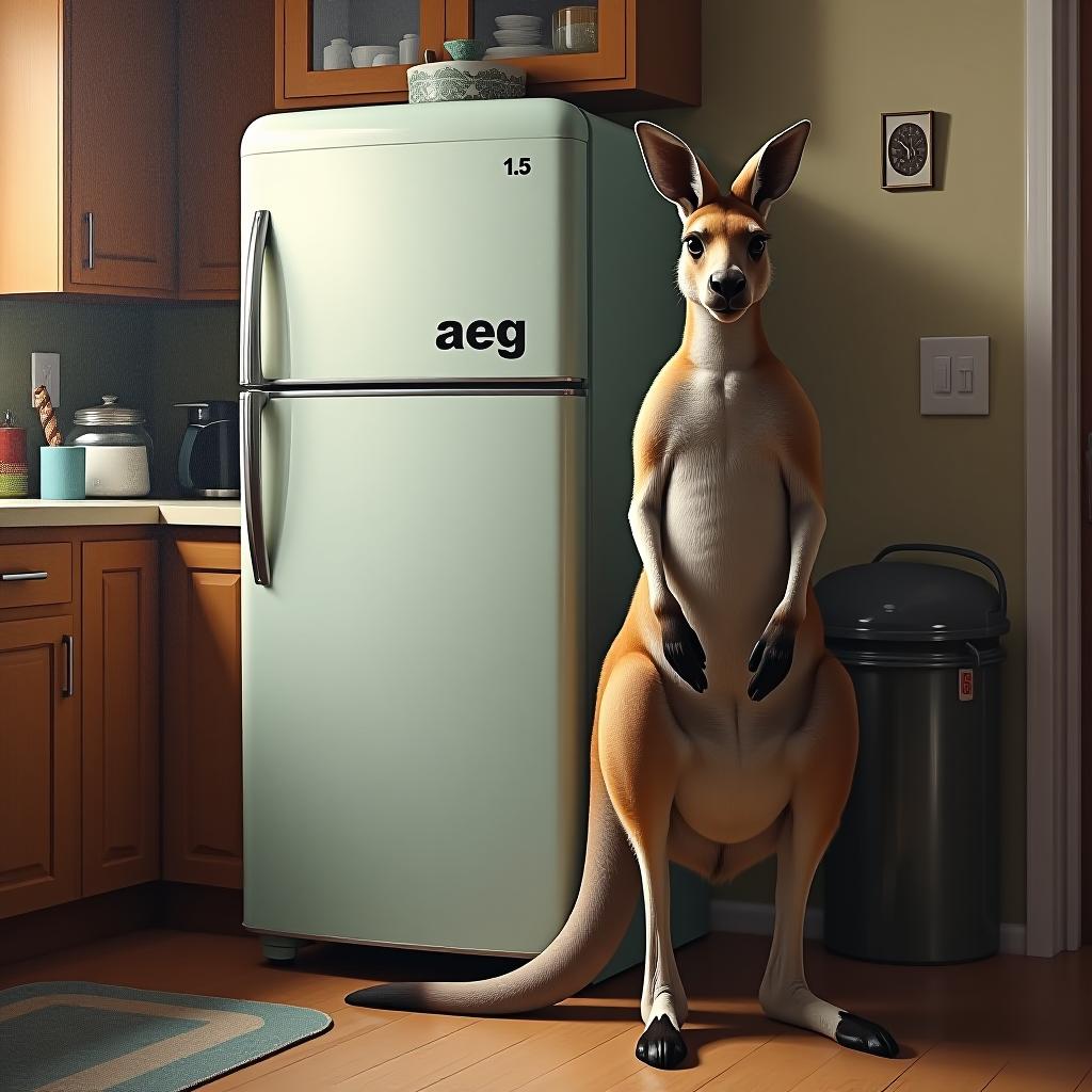  masterpiece. (painting, oil painting. a kangaroo standing next to a refrigerator labeled “aeg”, in a kitchen furnished with a kitchen set:1.5). intense close up. highly detailed strokes, clarity. fantasy style, surrealism. hyperrealistic, full body, detailed clothing, highly detailed, cinematic lighting, stunningly beautiful, intricate, sharp focus, f/1. 8, 85mm, (centered image composition), (professionally color graded), ((bright soft diffused light)), volumetric fog, trending on instagram, trending on tumblr, HDR 4K, 8K