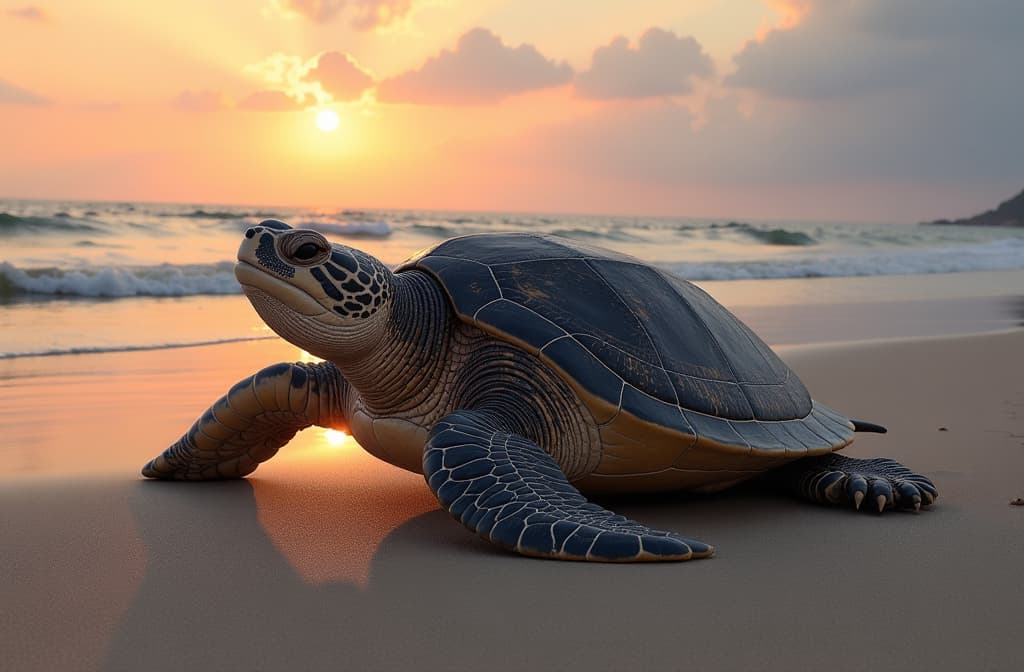  photo of a several largest turtles on the beach, in the rays of the sunset ar 3:2 {prompt}, maximum details