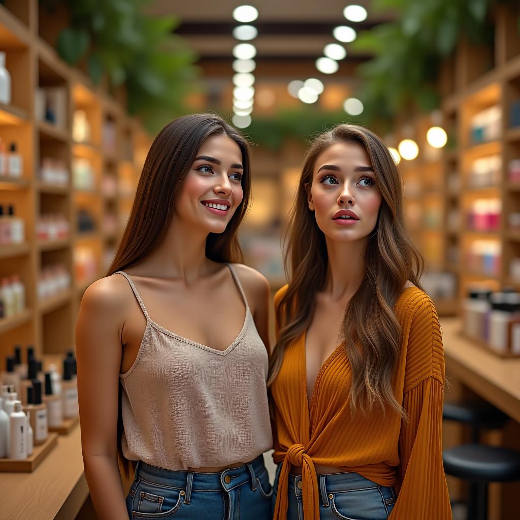  tilt shift photo of realistic image. two beautiful tall russian slim girls look with surprise at the wooden shelves of the cosmetics store with joyful surprised faces and wide open eyes, the background is a cosmetics and perfume store, very high ceilings, beautiful interior, a lot of tropical vegetation, a lot of grooming and decorative cosmetics, summer, high resolution, clear faces not blurred, 4k . selective focus, miniature effect, blurred background, highly detailed, vibrant, perspective control hyperrealistic, full body, detailed clothing, highly detailed, cinematic lighting, stunningly beautiful, intricate, sharp focus, f/1. 8, 85mm, (centered image composition), (professionally color graded), ((bright soft diffused light)), volumetric fog, trending on instagram, trending on tumblr, HDR 4K, 8K