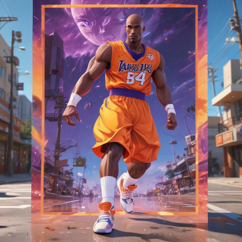 distance-shot, flashy, full-body, dynamic, holographic, animated cartoon poster of kobe scene in the style of dragon ball super