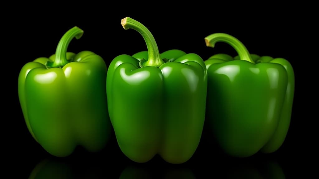  fresh green bell peppers isolated on black background with dew drops