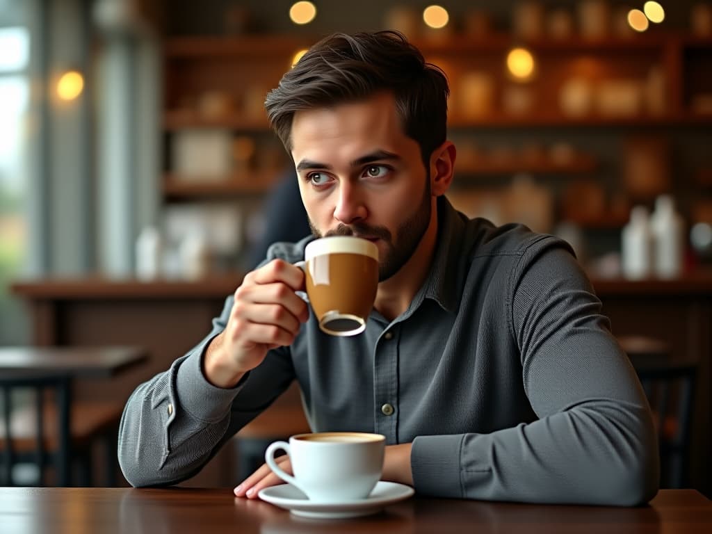  a man drinking mocha at a cafe with text "favourit image", masterpiece, best quality