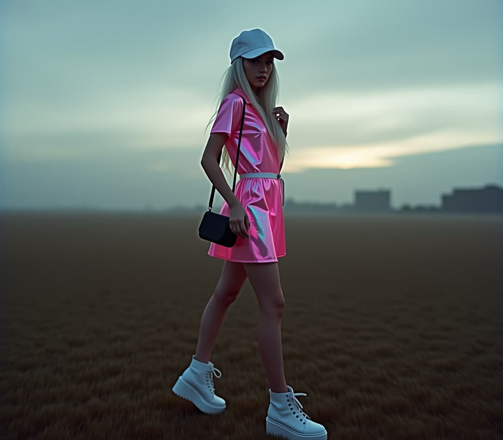  extra skinny anorexic young 2 ,((( full length photo))), high angle view, long wavy white hair, long nails, skinny face ,in a white baseball cap ((black sungl)) very tall and thin ((2)), (((skinny extra super long legs:1.4))), in a white baseball cap, transparent pink color pvc clothing transparent color vinyl clothing prismatic holographic chromatic aberration short raincoat , (((super extremally skinny long legs elegant shoes with high platform and thin super long heels:1.4))) , shoulder bag, holds hair with one hand as if straightening the other hand on the waist, ((stands sideways in an extravagant pose looks at the camera )) close up cloudy twilight in the grey field 4k, complex background, (intricate detai hyperrealistic, full body, detailed clothing, highly detailed, cinematic lighting, stunningly beautiful, intricate, sharp focus, f/1. 8, 85mm, (centered image composition), (professionally color graded), ((bright soft diffused light)), volumetric fog, trending on instagram, trending on tumblr, HDR 4K, 8K