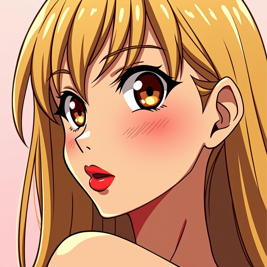  make an image of a blonde haired woman with brown eyes and tan olive skin wearing red lipstick, anime artwork, anime style, key visual, vibrant, studio anime, highly detailed