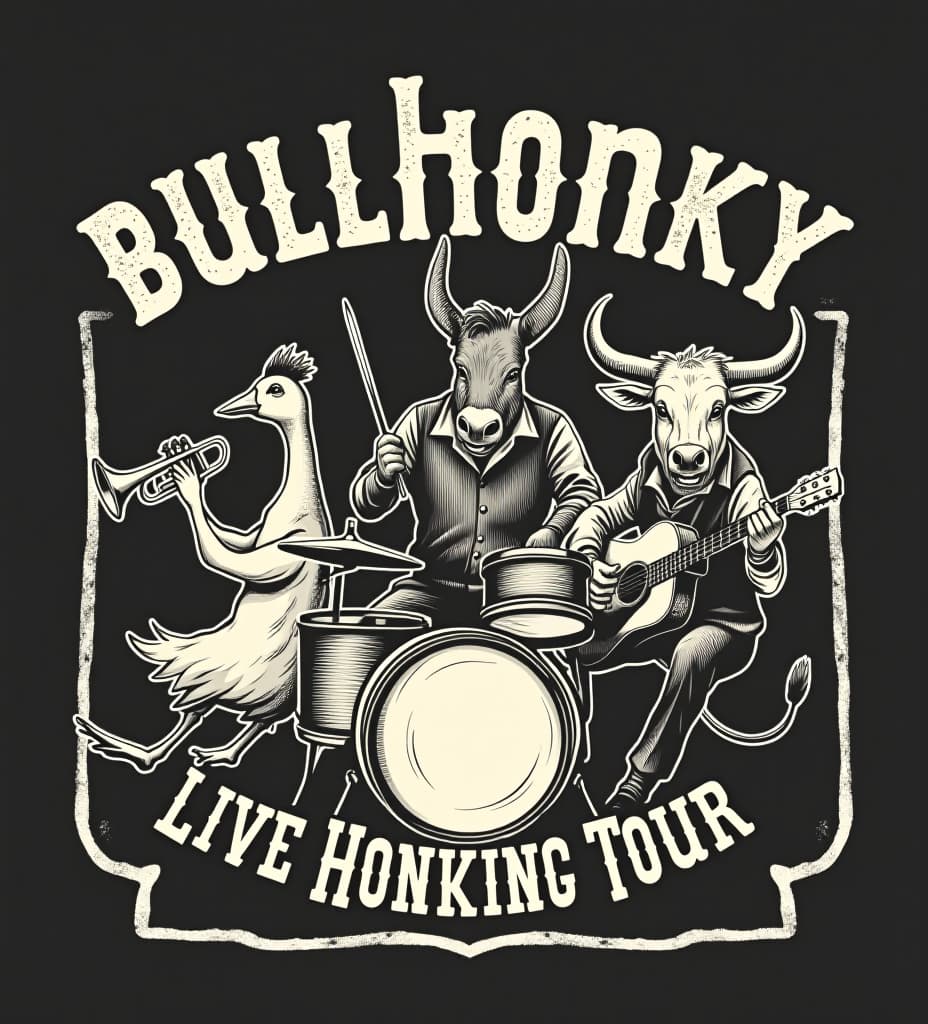  a retro styled, distressed black and white vector style logo for a band. there is a goose playing a trumpet, a donkey playing guitar, and a bull holding drumsticks and playing the drums. the words "bullhonky" above them in a wild west style typeface, and "live on honking tour" below.