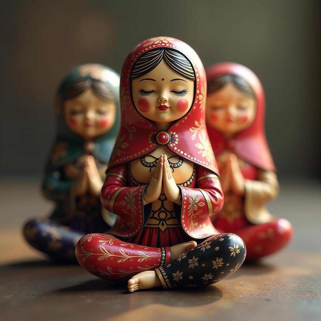  the matryoshkas are doing yoga with their hands in a namaste position. hyperrealistic, full body, detailed clothing, highly detailed, cinematic lighting, stunningly beautiful, intricate, sharp focus, f/1. 8, 85mm, (centered image composition), (professionally color graded), ((bright soft diffused light)), volumetric fog, trending on instagram, trending on tumblr, HDR 4K, 8K