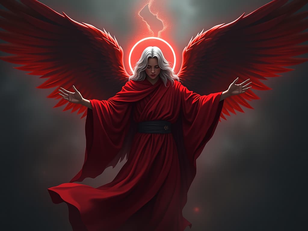  radiant angel in red robes, wings outstretched, halo glowing, light piercing through darkness, air of divine radiance. the style is digital art illustration / modern comic book / graphic dark novel fantasy and mysterious occult, symbolic, moody lighting, esoteric vibe,high detail on character design. for the color scheme emphasize blacks and reds.