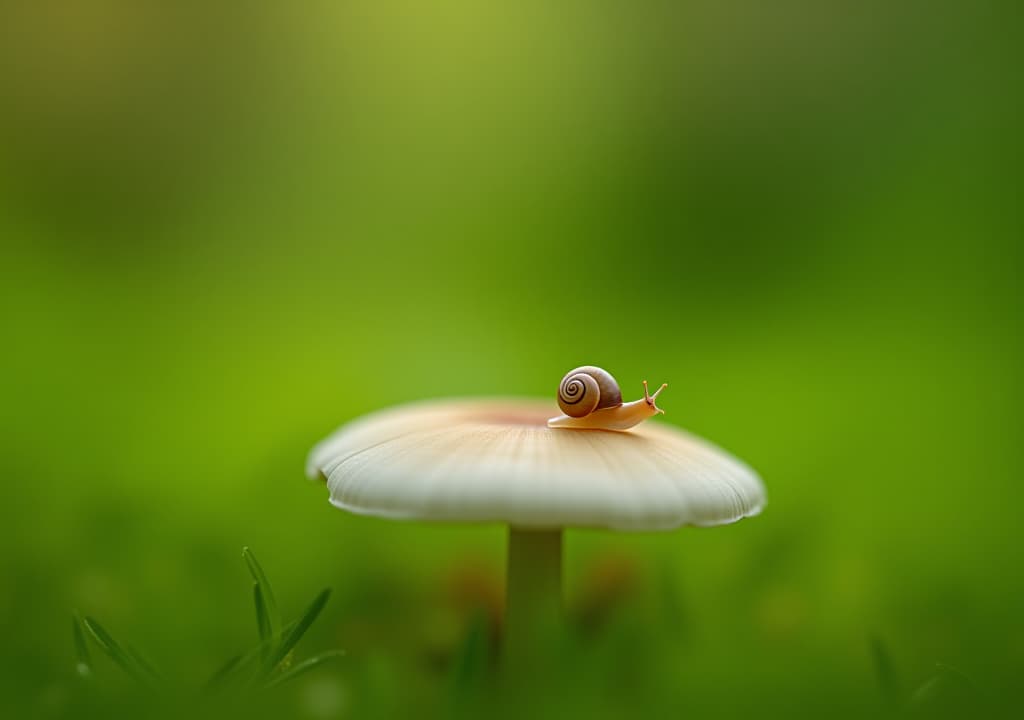  a tiny snail resting on a white mushroom against a green backdrop perfect for copy space image