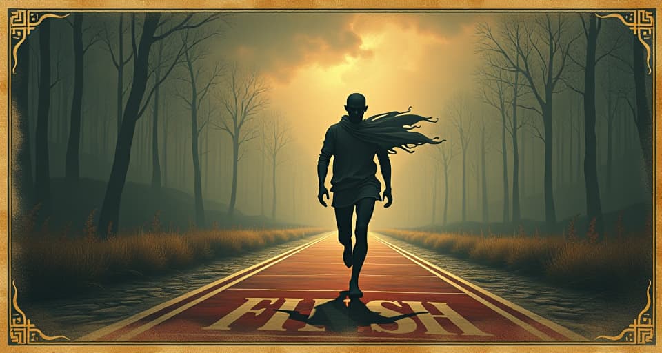  race with a moving finish line, central runner looking weary, endless pursuit. an illustration in the style of a worn, mystical old tarot trump card, mysterious and elements of surrealism. the colors are muted, somber and eerie, but with contrast bring out an occult and esoteric vibe.