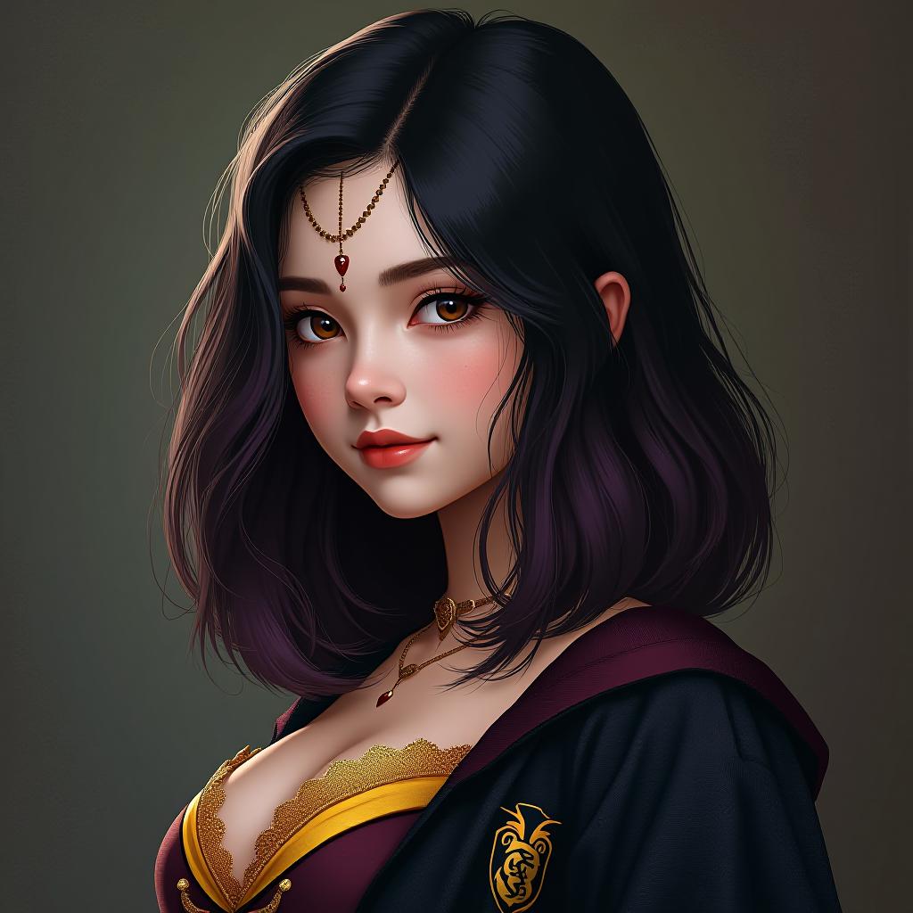  name:amerterasu kettleburn (hairvmedium length black ombre purple) eyes brown age:18 status: pure blood house sorted: hufflepuff(black/yellow and grey) (harry potter style) blood type : 0+ date: 2 june, medium chested female, award winning, professional, highly detailed, masterpiece