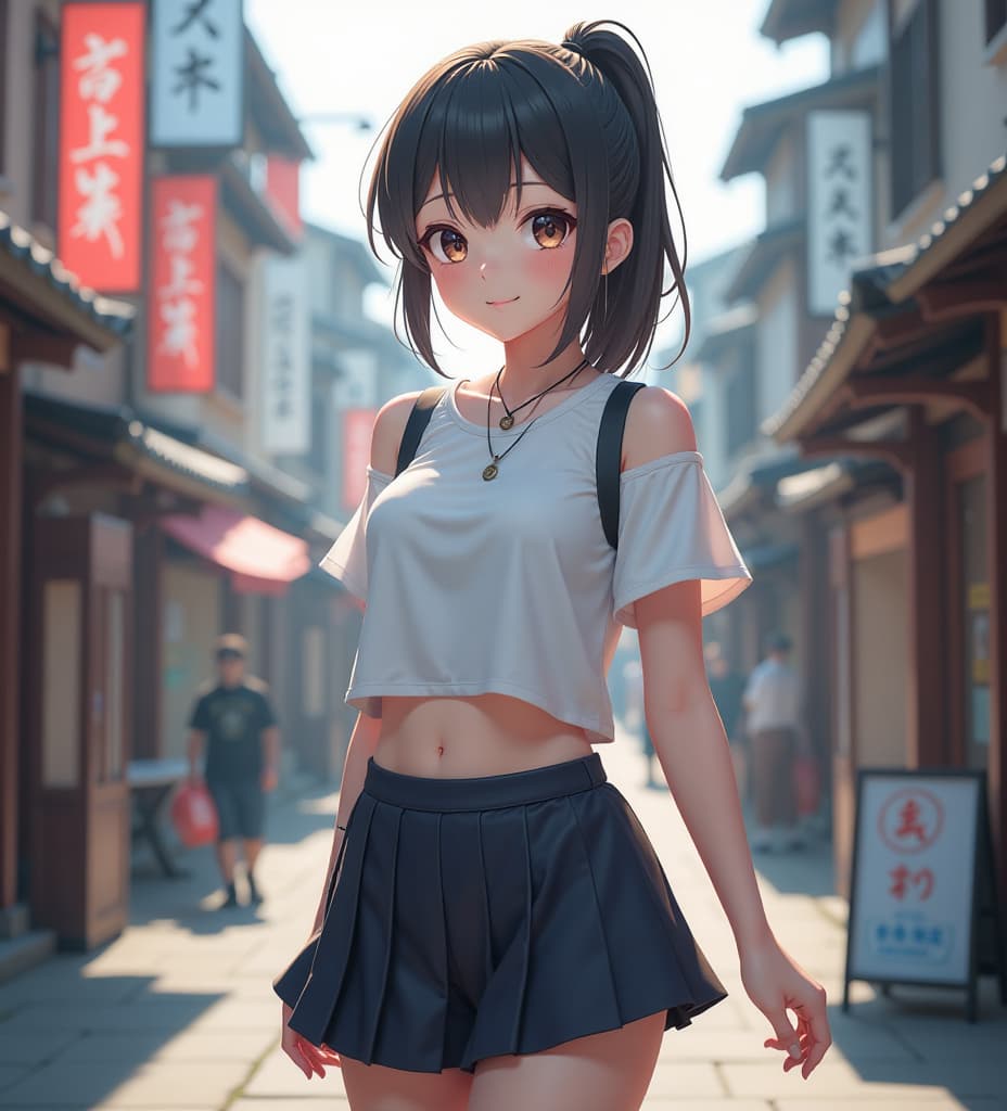  a japanese girl in crop top and short skirt, high quality, high details, hd, perfect composition, 4k epic detailed, highly detailed, sharp focus, high resolution