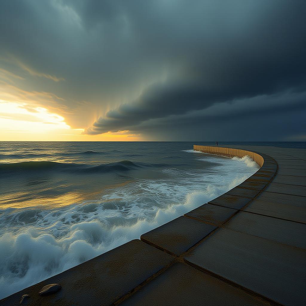  hyperrealistic art hdr foto, on concrete embankment of storm, deep orange color water in sea, grey tone sky, , curvy horizon line landscape , low angle view, 4k, artificial extremely high resolution details, photographic, realism pushed to extreme, fine texture, incredibly lifelike, award winning, professional, high dynamic range, vivid, rich details, clear shadows and highlights, realistic, intense, enhanced contrast,complex background, uhd . extremely high resolution details, photographic, realism pushed to extreme, fine texture, incredibly lifelike