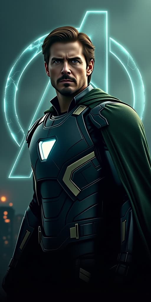  good quality, high quality, a hyper realistic movie poster for "avengers secret war" starring tom cruise as unlimate iron man. he is depicted with a sinister expression, wearing a heavily armored, dark green cloak. the background shows a war torn city in shadows, with the avengers logo partially illuminated by crackling energy.