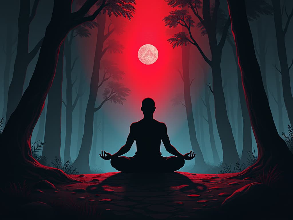  figure in meditation pose, red aura glowing, surrounded by tranquil forest. the style is digital art illustration / modern comic book / graphic dark novel fantasy and mysterious occult, symbolic, moody lighting, esoteric vibe,high detail on character design. for the color scheme emphasize blacks and reds.