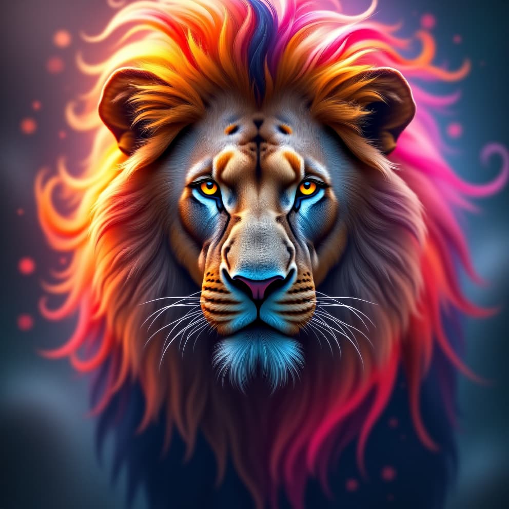  a majestic lion, rendered in a vibrant and dynamic flux style. its mane is a swirling vortex of colors, and its eyes gleam with a fierce intensity. the background is a blur of energy, capturing the raw power and dynamism of this magnificent creature.hyper detail, intricate details, sharp focus, high resolution, 8k, ultra detailed, vib