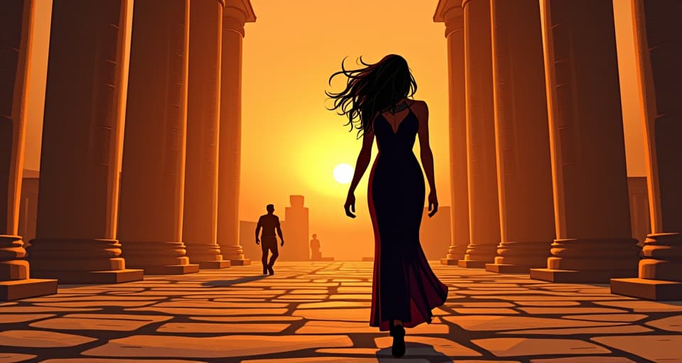  ancient egyptian colonnade, broken pillars, sunset in the background, a large busted sorceress in a tight dress, walking away with power, figures left in shadow, astonishing, unyielding.. the style is digital art illustration / modern comic book / mysterious occult, symbolic, esoteric vibe,high detail on character design, incorporating ancient egyptian symbology and attire.