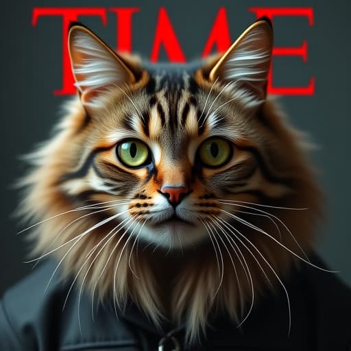  create a dynamic time magazine "meow of the year" cover featuring hemule, the anthropomorphic light brown tabby cat. hemule's rebellious and tough persona should be portrayed through a mix of brown, black, and grey stripes and markings, complemented by striking green eyes exuding charisma. the cover should exude immaculate style, capturing hemule's edgy vibe. utilize non representational forms such as geometric patterns or organic shapes to convey mood and emotion, emphasizing movement and energy in the composition. hyperrealistic, full body, detailed clothing, highly detailed, cinematic lighting, stunningly beautiful, intricate, sharp focus, f/1. 8, 85mm, (centered image composition), (professionally color graded), ((bright soft diffused light)), volumetric fog, trending on instagram, trending on tumblr, HDR 4K, 8K