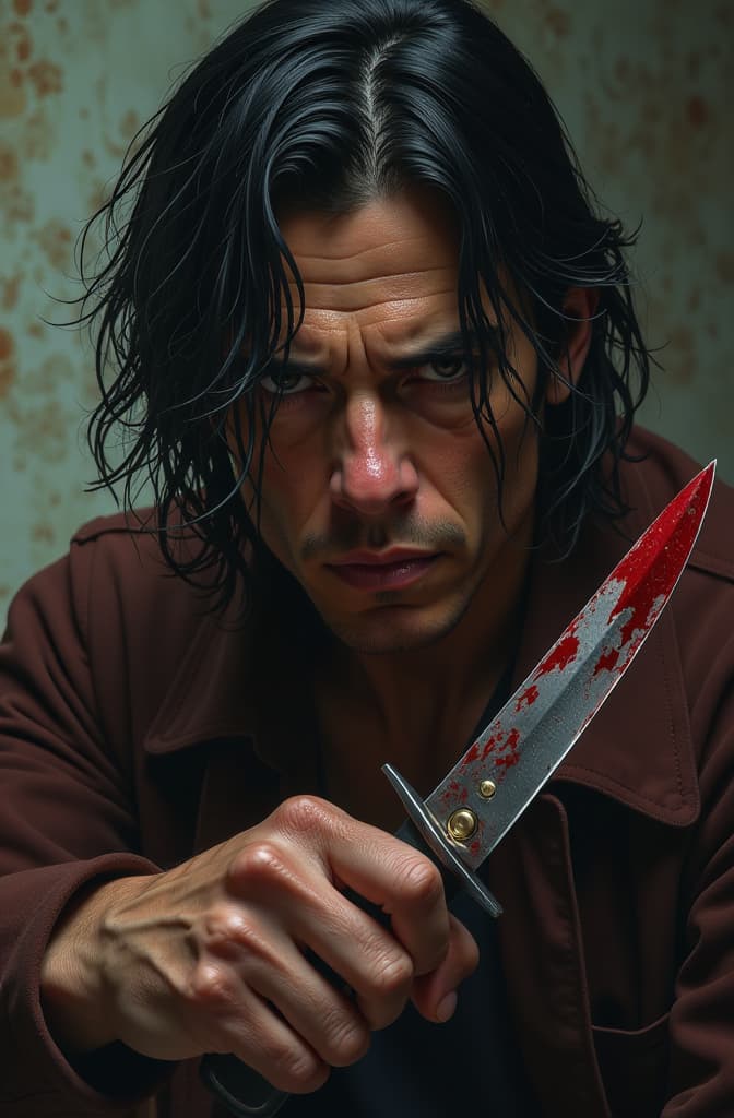  richard ramirez sujetando un cuchillo con sangre, realistic, portrait, art by donato giancola and greg rutkowski, realistic face, digital art, trending on artstation hyperrealistic, full body, detailed clothing, highly detailed, cinematic lighting, stunningly beautiful, intricate, sharp focus, f/1. 8, 85mm, (centered image composition), (professionally color graded), ((bright soft diffused light)), volumetric fog, trending on instagram, trending on tumblr, HDR 4K, 8K