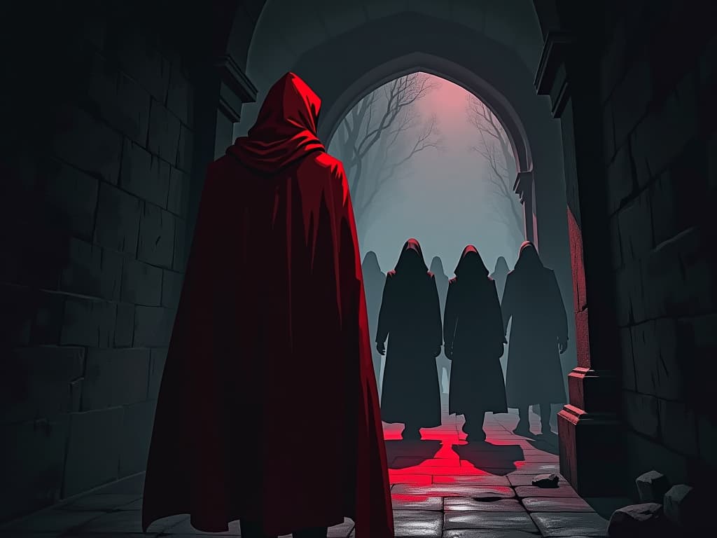  judas like character in red cloak, shadowy alley, avoiding groups of figures, aura of betrayal and avoidance. the style is digital art illustration / modern comic book / graphic dark novel fantasy and mysterious occult, symbolic, moody lighting, esoteric vibe,high detail on character design. for the color scheme emphasize blacks and reds.