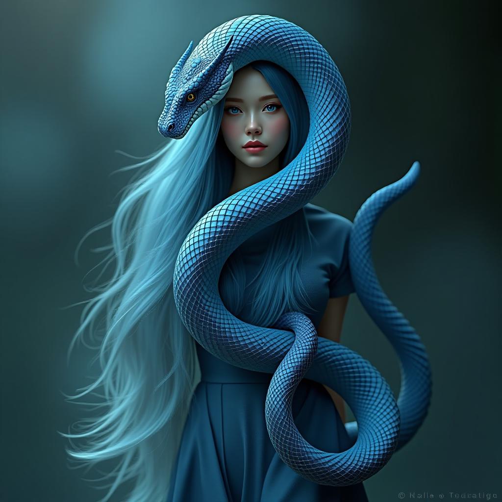   , graceful, elegant, long haired, blue haired lamia. half , half snake. delicate arms, firm s, narrow waist smoothly transition into a graceful, graceful snake body and tail. the lamia's body wriggles hyperually. the reproductive organ secretes the sweet juice of thirst for love and pionate play. lamia is ready for love and pionate games. the lamia gets excited, she wriggles, attracting the attention of the lamia hunter with her delicate body, graceful body, elastic s. droplets of juice flow down the stomach. it is impossible to resist the emitted , it is impossible to resist the emitted pion. it is impossible to resist the emanating from lamia. every cell of the lamia's body is imbued  hyperrealistic, full body, detailed clothing, highly detailed, cinematic lighting, stunningly beautiful, intricate, sharp focus, f/1. 8, 85mm, (centered image composition), (professionally color graded), ((bright soft diffused light)), volumetric fog, trending on instagram, trending on tumblr, HDR 4K, 8K