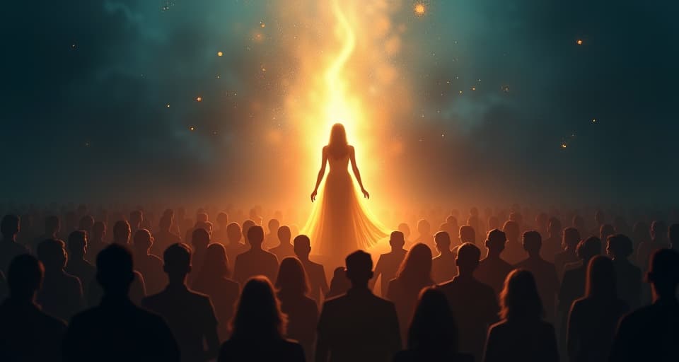  a radiant, ethereal being illuminating a dark, stunned crowd. her light so strong that it casts long shadows, the stunned crowd enveloped in an atmosphere of unexpected awe and overwhelming radiance.. the style is digital art illustration,highly detailed, whimsical,magical, dreamlike atmosphere, realism and fantasy blend, smooth, glossy textures,luminous quality, wonder and enchantment.