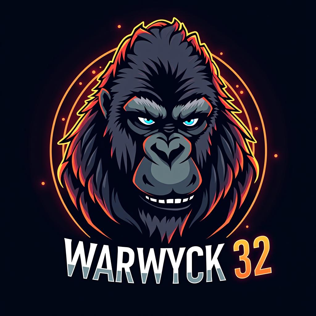  design a logo, in a realism style. electronic gorilla, with the text 'warwyck 32'.