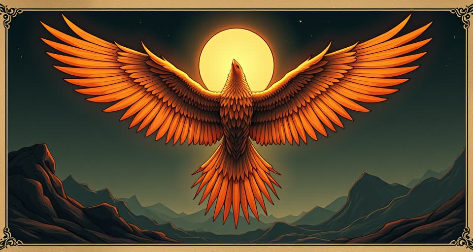  phoenix fully transformed, powerful, celestial aura, embodiment of rebirth, soaring above dark landscape, paragon of power. an illustration in the style of a worn, mystical old tarot trump card, mysterious and elements of surrealism. the colors are muted, somber and eerie, but with contrast bring out an occult and esoteric vibe.