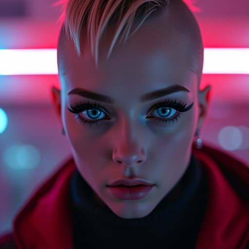  ultra realistic close up portrait ((beautiful pale cyberpunk female with heavy black eyeliner)), blue eyes, shaved side haircut, hyper detail, cinematic lighting, magic neon, dark red city, canon eos r3, nikon, f/1.4, iso 200, 1/160s, 8k, raw, unedited, symmetrical balance, in frame, 8k hyperrealistic, full body, detailed clothing, highly detailed, cinematic lighting, stunningly beautiful, intricate, sharp focus, f/1. 8, 85mm, (centered image composition), (professionally color graded), ((bright soft diffused light)), volumetric fog, trending on instagram, trending on tumblr, HDR 4K, 8K