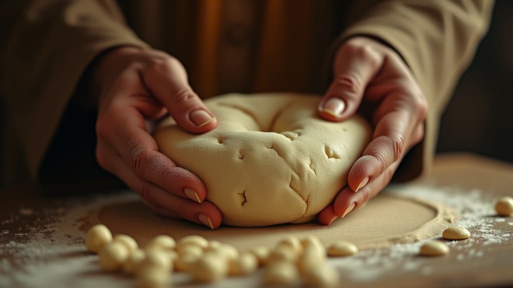  history of biblical times, a close up of a kneaded dough, as abram's servant prepares bread quickly, conveying urgency. hyperrealistic, full body, detailed clothing, highly detailed, cinematic lighting, stunningly beautiful, intricate, sharp focus, f/1. 8, 85mm, (centered image composition), (professionally color graded), ((bright soft diffused light)), volumetric fog, trending on instagram, trending on tumblr, HDR 4K, 8K