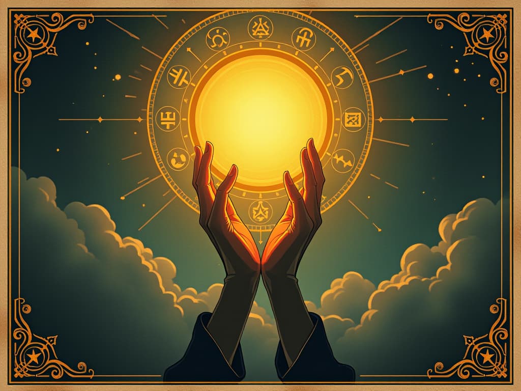  a glowing orb held reverently, surrounded by divine symbols and cosmic patterns, radiant and sacred atmosphere, soft golden light, holy, transcendent. an illustration in the style of a worn, mystical old tarot trump card, mysterious and elements of surrealism. the colors are muted, somber and eerie, but with contrast bring out an occult and esoteric vibe.