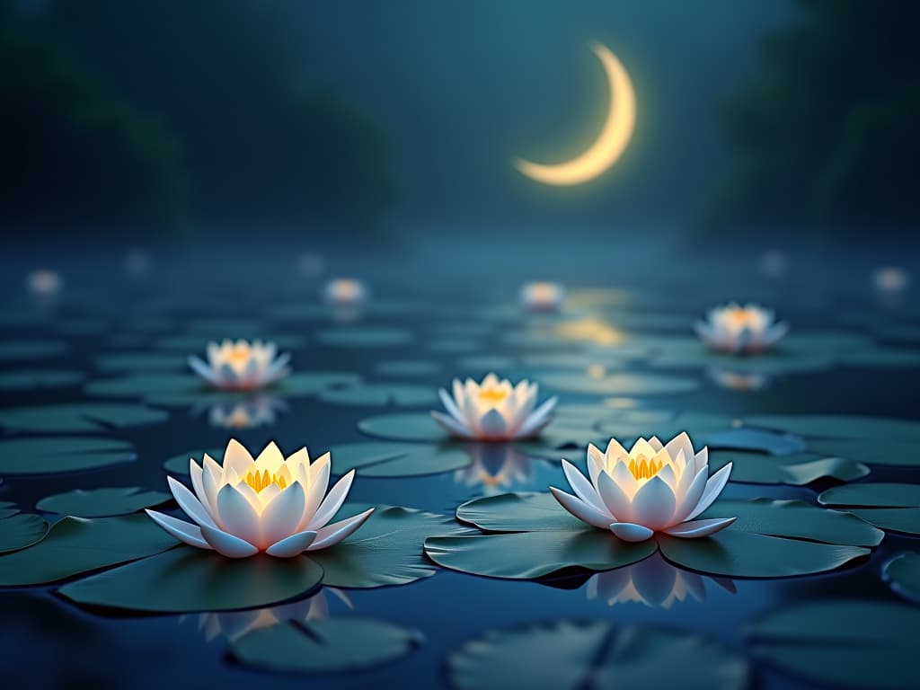  a tranquil, glowing pond with ethereal lilies, reflecting the light of a crescent moon. quiet, reflective, serene.. the style is digital art illustration,highly detailed, whimsical,magical, dreamlike atmosphere, realism and fantasy blend, smooth, glossy textures,luminous quality, wonder and enchantment.