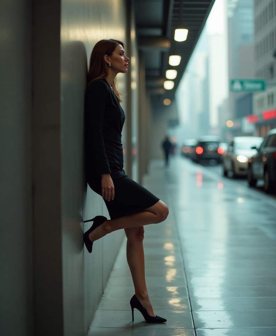  cinematic photo woman leans the wall with one high up leg and thinking. she wears in a business dress and heels. full body, side view, realistic photo. . 35mm photograph, film, bokeh, professional, 4k, highly detailed